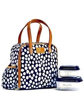 NWT Fit & Fresh 3 Pieces Insulated White Navy Tan  Lunch Bag & 2 Food Containers